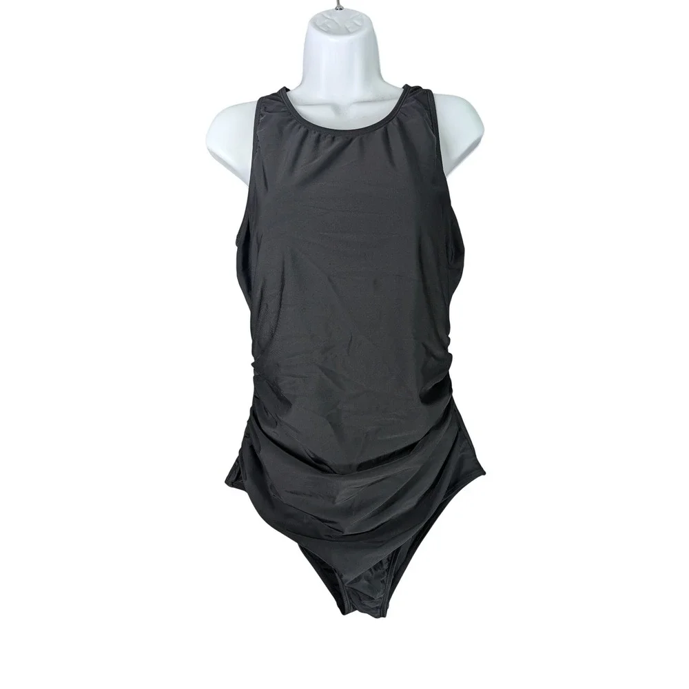 Cupshe One Piece Swimsuit Women XLT Black Long Torso Ruched Tummy Control